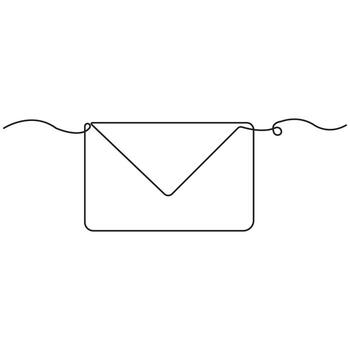 Minimalist single line art of email envelope icon, continuous drawing style symbolizing communication, message, contact, mail, correspondence, digital connection vector