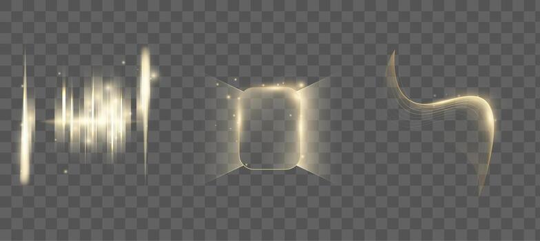 Dynamic Golden Light Effects Collection. Glowing Lines, Swirls, and Frames vector