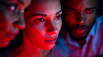 Three diverse adults focus intently on a glowing screen, capturing a moment of teamwork and innovation, perfect for portraying a tech-driven environment video
