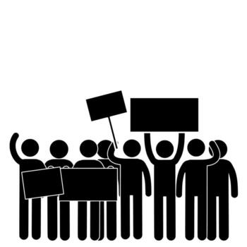 Stick figure group protesting with banners. vector