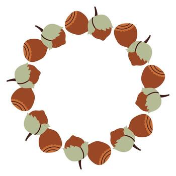 Autumn hazelnut circle frame. Round border made of doodle hand drawn fall hazelnuts. The hazelnuts are arranged in a circle for stickers, banners, cards, ads. flat isolated on white background. vector