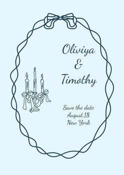 Save The Date Invitation Template Oval Whimsical Hand Drawn Elegant Line Art Frame With Bow vector