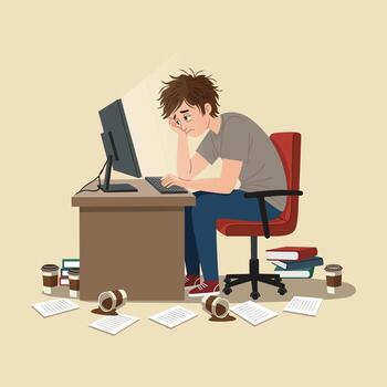 ilustración de estudiante sentado en frente de un computadora con blanco expresión, agotamiento concepto vector