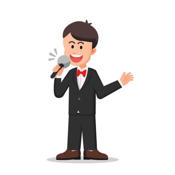 a handsome boy in a suit speaks using the mic as the host vector