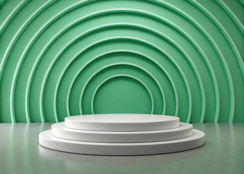 Modern circular stage in studio with concentric green wall backdrop and reflective floor photo