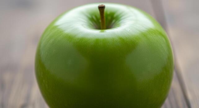 Macro Close-Up of a Fresh Green Apple on Wooden Surface photo