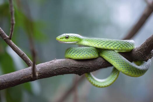 a green snake wrapped around its tail on a branch photo
