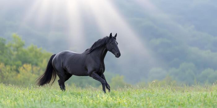 Beautiful black horse running in a green grass meadow, with a sky featuring rays of light in the background. photo