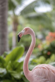 a flamingo with tropical plants and palm trees on background photo