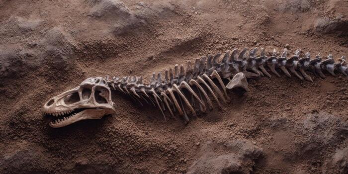 a dinosaur skeleton in the dirt, with a dusty background photo