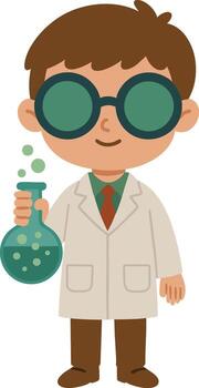 Young scientist boy in lab coat with goggles and bubbling flask vector