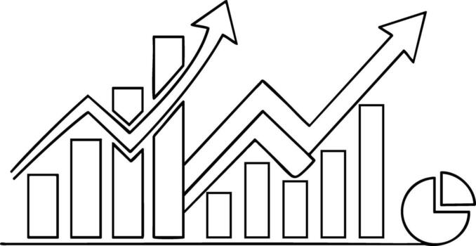 Hand drawn bar chart and pie chart representing upward business growth and financial performance vector