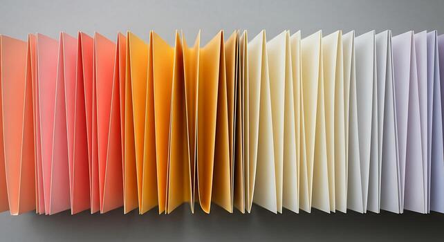 A vibrant spectrum of colorful paper samples arranged in a beautiful gradient from warm oranges and pinks to cool whites and purples photo