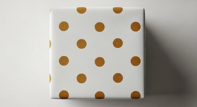 A rectangular object wrapped in white paper adorned with a repeating pattern of scattered golden brown oval shapes against a light gray background photo