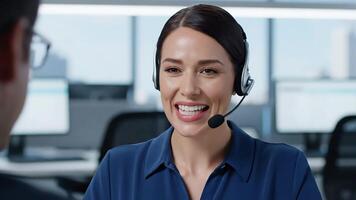 vriendelijk klant onderhoud vertegenwoordiger met een koptelefoon glimlachen gedurende een telefoontje in een modern kantoor tonen communicatie en professioneel ondersteuning video