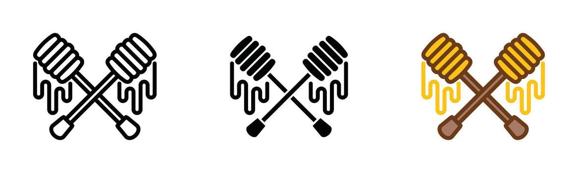 Honey spoon dipper icons set. Crossed of spoons with dripping honey icon symbol in line, flat, and color style - illustration vector