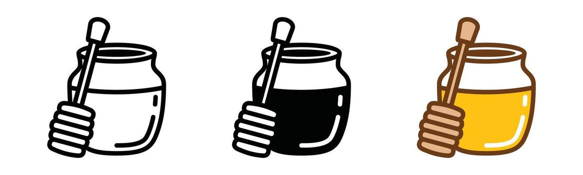 Honey jar and honey spoon dipper icons set. Jars and scoops of honey icon symbol in line, flat, and color style - illustration vector