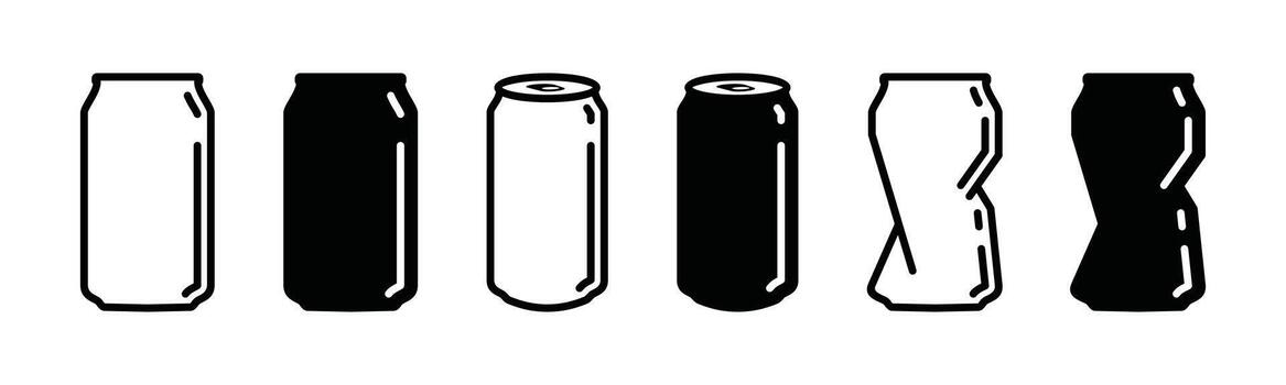 Soda can icons in thin line and flat style with editable stroke on white background. Dented soda cans icons set. Beverage, beer and brewing sign and symbol - illustration vector
