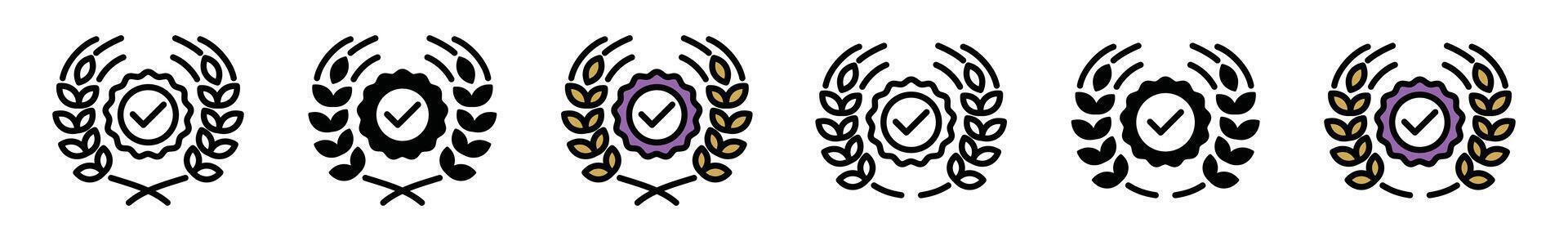 Certified with wheat wreath icons. Approved and grain wreath or laurel in thin line and flat style with editable stroke on white background. Beer and brewing badge sign and symbol - illustration vector