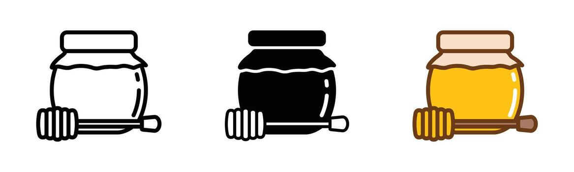 Honey jar and honey spoon dipper icons set. Jars and scoops of honey icon symbol collection in line, flat, and color style - illustration vector
