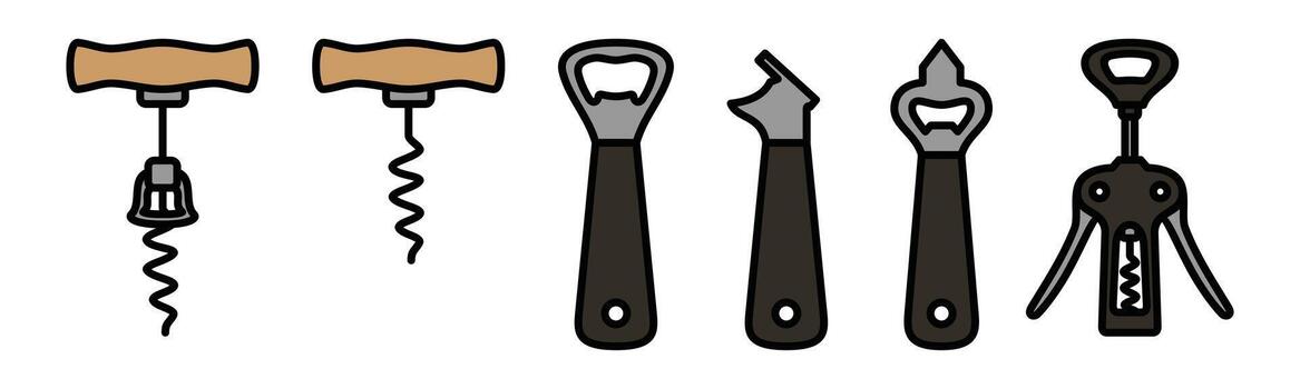 Bottle opener icons set. Corkscrew icons in thin line and flat style with editable stroke on white background. Beer and brewing tool sign and symbol - illustration vector