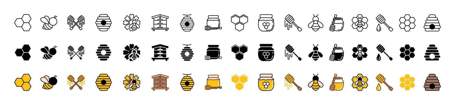 Honey and beekeeping line, flat, and color icons set with editable stroke. Bee, beehive, honeycomb, honey, hive, jar, spoons, flower icons collection on white background - illustration vector