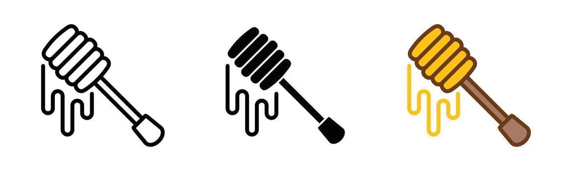 Honey spoon dipper icons set. Spoons with dripping honey icon symbol in line, flat, and color style - illustration vector