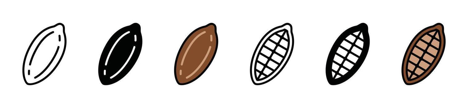 Cocoa beans and Chocolate icons set in line, flat, and color style. Cacao bean or fruit symbol - illustration vector