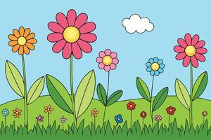 un dibujos animados flor campo con un azul cielo y nubes vector