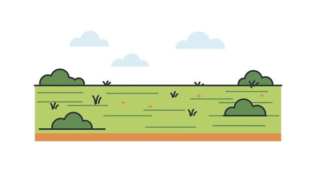 A flat line illustration of a field with trees and grass vector