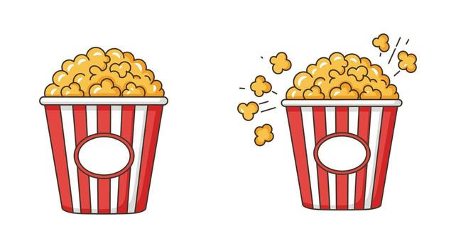 Two popcorn buckets with popcorn and popcorn popping vector