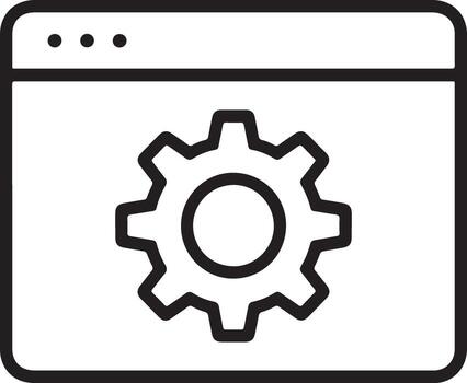 Simple line art icon representing a browser window with a gear symbol for settings or configuration vector