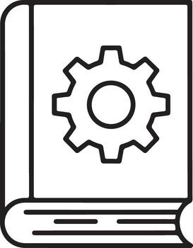 Simple line art icon of a book with a gear symbol on its cover representing knowledge and mechanics vector