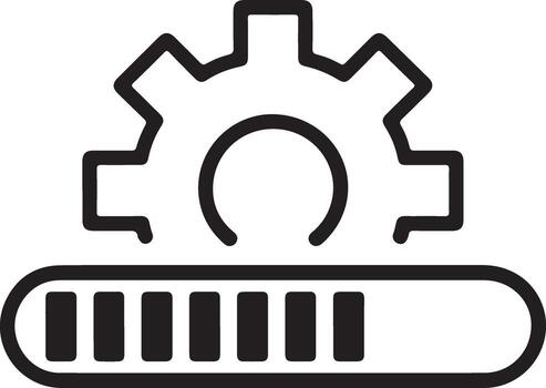 Simple outline icon of a gear wheel above a progress bar indicating loading or processing vector