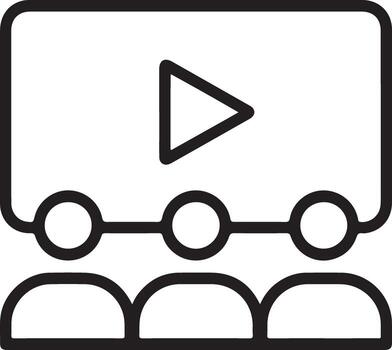 Simple outline icon of a movie screen with a play button and audience in front vector