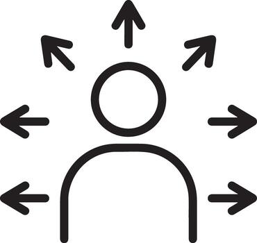 Abstract line art illustration of a person with multiple arrows pointing outwards representing choices vector