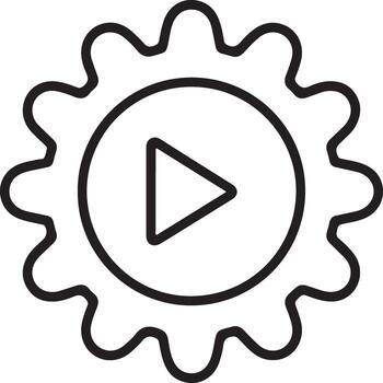 negro y blanco contorno icono de un jugar botón dentro un engranaje forma representando o medios de comunicación reproducción vector