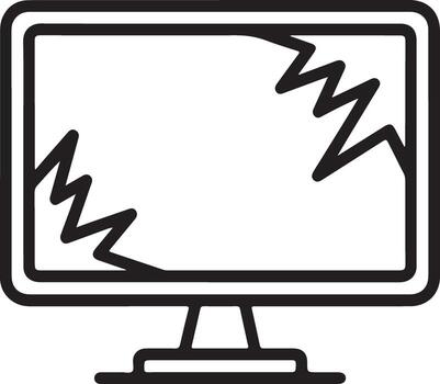 Stylized line art icon of a broken computer monitor screen with cracks vector