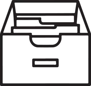Simple line art icon of an open file cabinet drawer filled with documents and folders vector