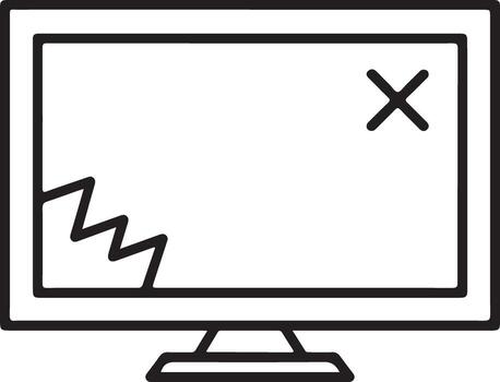 Broken computer monitor screen with crack and error symbol line art icon vector