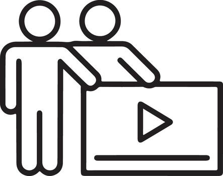 dos personas en pie siguiente a un pantalla con un jugar botón icono indicando contenido vector