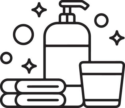 Cleanliness and hygiene icons featuring a soap dispenser folded towels and a cup with sparkling elements vector