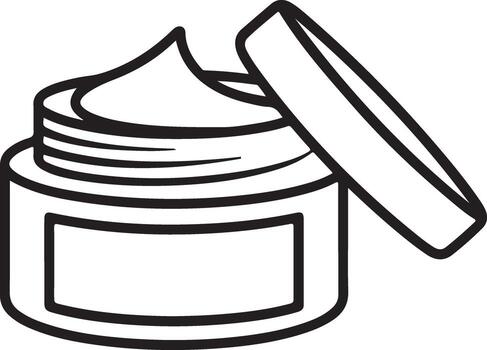 Simple line art drawing of an open jar of cream with the lid resting beside it vector