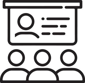 Simple line icon depicting a presentation with a speaker and audience in a classroom setting vector