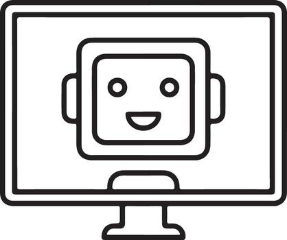Friendly cartoon robot face displayed on a computer monitor screen with a simple outline drawing style vector