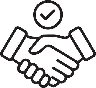 Simple outline icon of two hands shaking with a check mark above symbolizing agreement and trust vector