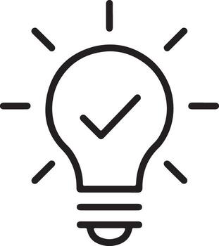 Simple line art icon of a lightbulb with a checkmark symbol inside vector