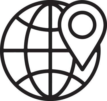 Simple line art icon of a globe with a location pin marker showing global navigation vector