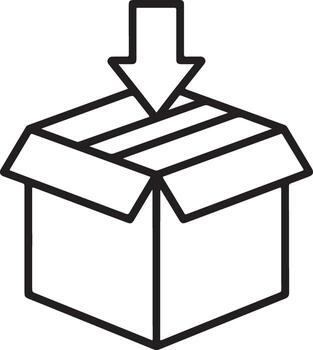 Simple line art icon representing an open cardboard box with an arrow pointing down into it vector