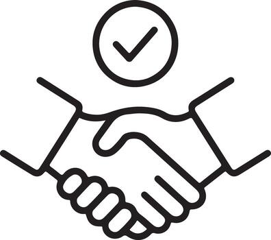 Handshake icon with a checkmark in a circle above symbolizing agreement and trust vector